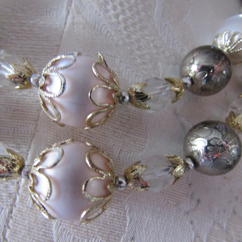 Vintage Double Strand Choker Necklace Pink & Silvery Gray Japan - Picture 5 of 7